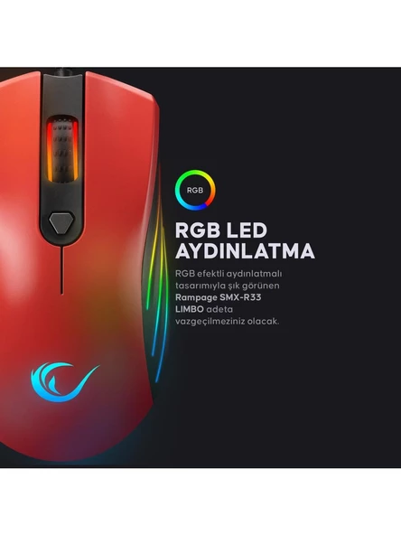 Rampage SMX-R33 Kırmızı RGB Makrolu Ergonomik Optik Kablolu Oyuncu Mouse - Resim 9