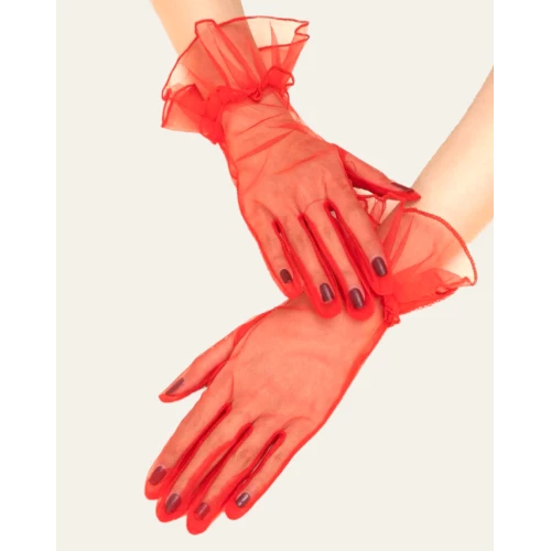 Kısa Boy Likralı Güpürlü Yetişkin Tül Eldiven Kırmızı Renk - Resim 4