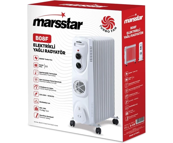 Mars Star Turbo Fanlı 11 Dilim Elektrikli Yağlı Radyatör, 2500 Watt Petek Isıtıcı - B08F - 3