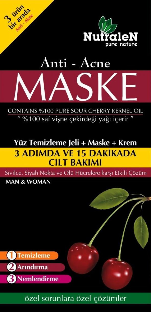 NUTRALEN Anti Acne Cilt Bakım Seti Kadın Erkek 3’lü Set Doğal Vişne Çekirdeği Yağı Yüz Temizleme Jeli + Maske + Krem