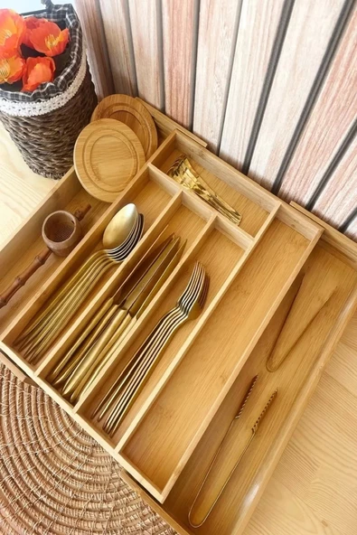 Bambu Çekmece İçi Kaşıklık 5 Ve 7 Bölmeli %100 Doğal Bambu Ayarlanabilir Kaşıklık - 6
