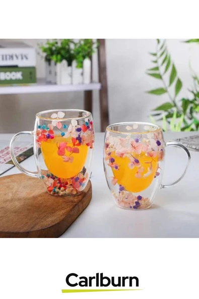 Özel El Yapımı Sıcak Soğuk Dayanıklı Süslü Organik Çiçekli Borosilikat Cam Handmade Bardak 350ml - 2