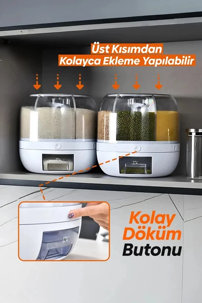 360° Dönebilen Kuru Gıda Ve Bakliyat Organizeri 6 Bölmeli Hava Geçirmez Saklama Kabı 6 Lt - 4