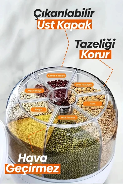 360° Dönebilen Kuru Gıda Ve Bakliyat Organizeri 6 Bölmeli Hava Geçirmez Saklama Kabı 6 Lt - 6