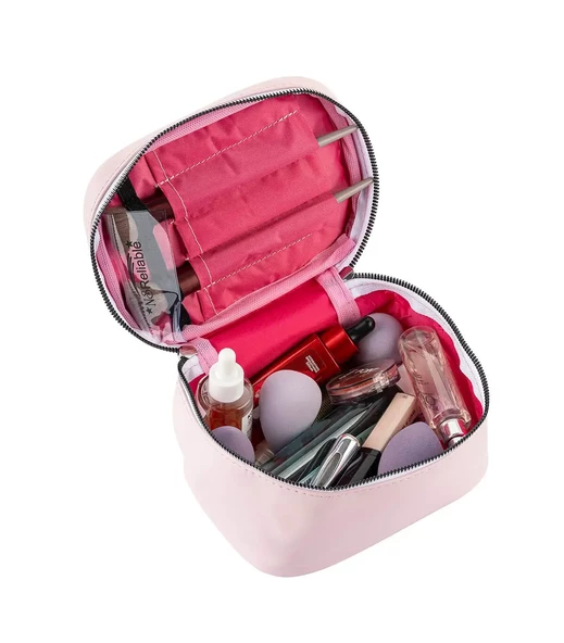 Seyahat Makyaj Organizeri Çok Fonksiyonlu Kozmetik Çantası Suni Deri - 2'li Set Açık Pembe - 3