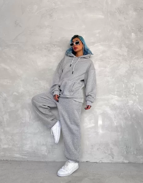 Kapşonlu Eşofman Takım - Gri - 3