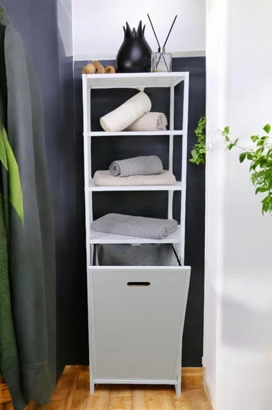 Digithome Metal Kirli Sepetli 4 Raflı Çok Amaçlı Banyo Düzenleyici Raf Organizer Beyaz/Beyaz – MRS-015 C1-1-369 - 2