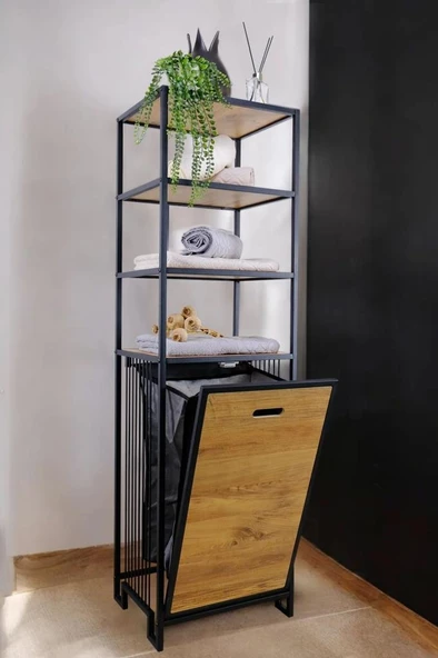 Digithome Metal Kirli Sepetli 4 Raflı Çok Amaçlı Banyo Düzenleyici Raf Organizer Siyah/Atlantik Çam – MRS-009 C1-1-369 - 2