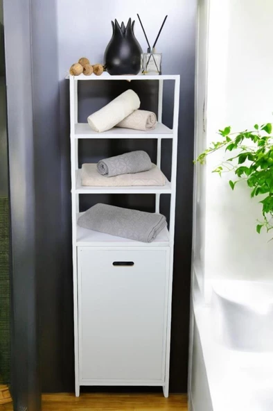 Digithome Metal Kirli Sepetli 4 Raflı Çok Amaçlı Banyo Düzenleyici Raf Organizer Beyaz/Beyaz – MRS-015 C1-1-369