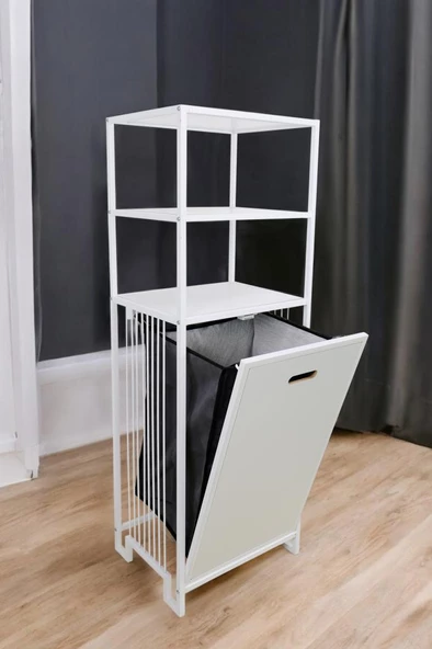 Digithome Metal Kirli Sepetli 3 Raflı Çok Amaçlı Banyo Düzenleyici Raf Organizer Beyaz/Beyaz – MRS-013 C1-1-369 - 4