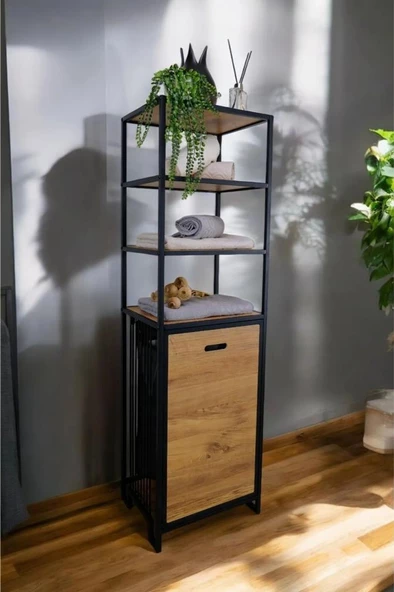 Digithome Metal Kirli Sepetli 4 Raflı Çok Amaçlı Banyo Düzenleyici Raf Organizer Siyah/Atlantik Çam – MRS-009 C1-1-369