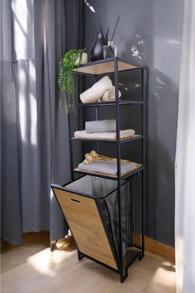 Digithome Metal Kirli Sepetli 4 Raflı Çok Amaçlı Banyo Düzenleyici Raf Organizer Siyah/Atlantik Çam – MRS-009 C1-1-369 - 4