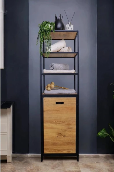 Digithome Metal Kirli Sepetli 4 Raflı Çok Amaçlı Banyo Düzenleyici Raf Organizer Siyah/Atlantik Çam – MRS-009 C1-1-369 - 3