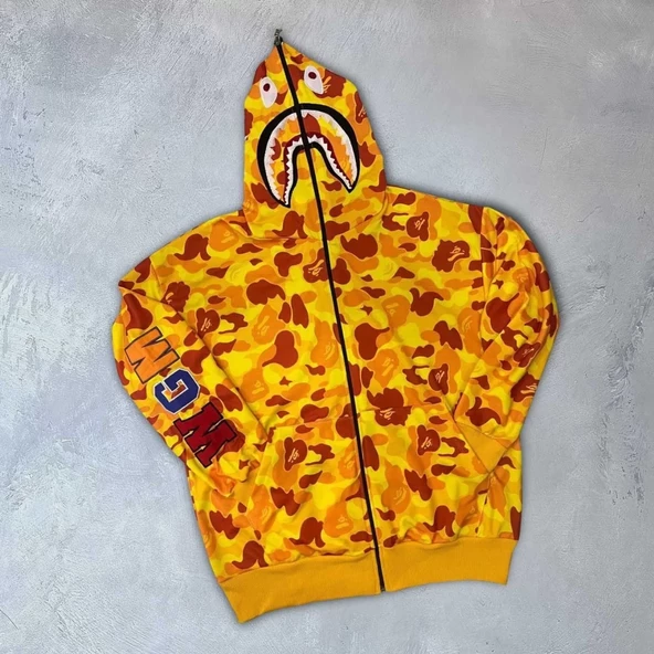 Fermuarlı Nakışlı Kapşonlu Hırka - Sarı