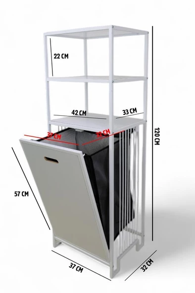 Digithome Metal Kirli Sepetli 3 Raflı Çok Amaçlı Banyo Düzenleyici Raf Organizer Beyaz/Beyaz – MRS-013 C1-1-369 - 5