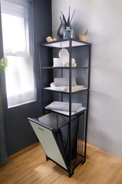 Digithome Metal Kirli Sepetli 4 Raflı Çok Amaçlı Banyo Düzenleyici Raf Organizer Siyah/Beyaz – MRS-014 C1-1-369 - 2