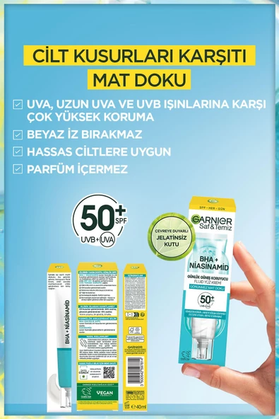 Garnier Saf ve Temiz Bha Niasinamid Günlük Güneş Koruyucu Fluid Yüz Kremi SPF50+ 40 ml - 3