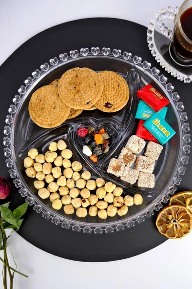 Digithome Kalp Boncuklu 3 Bölmeli Cam Servis Sunumluk Kurabiyelik 24 Cm – SUR-13 C320.049