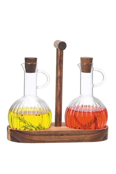 Digithome Bambu Standlı 2'li Borosilikat Cam Zeytinyağı ve Sıvıyağ Şişesi Yağdanlık – F/12 C1-1-289 - 2