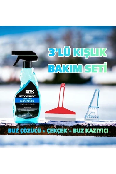 Betax 3’lü Kışlık Araç Bakım Seti Buz Çözücü Sprey & Buz Kazıyıcı & Çekçek