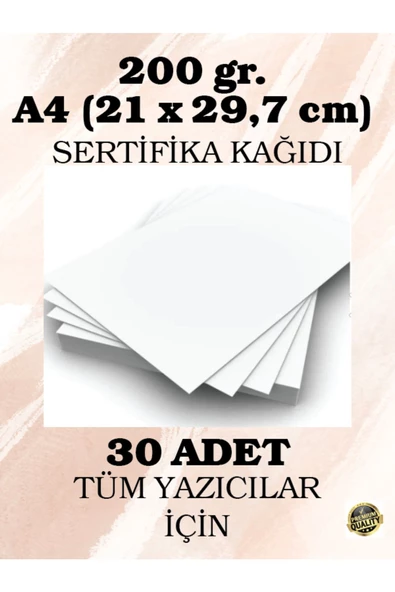 200 gr Kartuşlu Mürekkepli Tüm Yazıcılara Uygun 30 Adet Kalın Sertifika Kağıt
