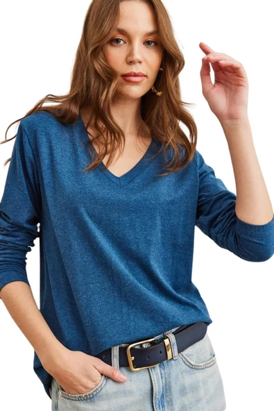 Brk Kadın Uzun Kol Yün Viskon V Yaka Bluz 1790 ürün görseli 1