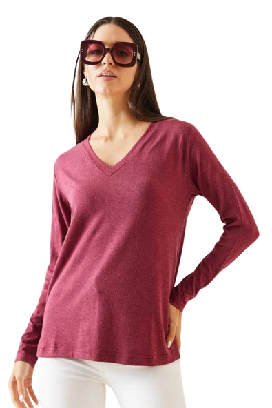 Brk Kadın Uzun Kol Yün Viskon V Yaka Bluz 1790 - Resim 3