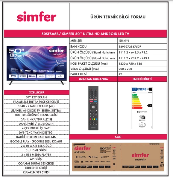 SIMFER 50SFSA6B 4K ULTRA HD 50" 127 EKRAN UYDU ALICILI ANDROID SMART LED TV - 7
