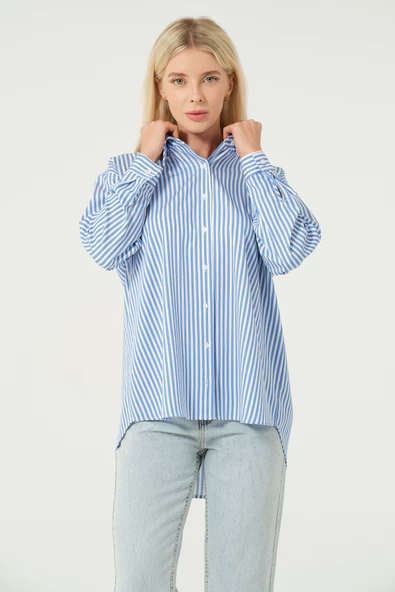 Basic Oversize Çizgili Gömlek - 8
