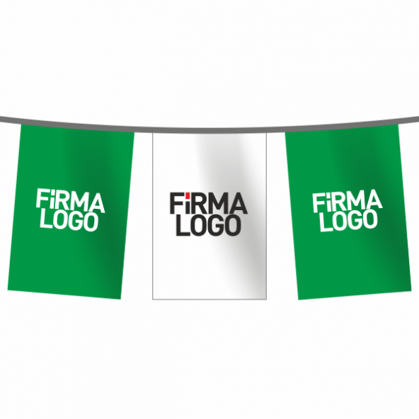 İpe Dizili Kare Logo Baskılı Süsleme Bayrağı - Yeşil - Beyaz 100 metre