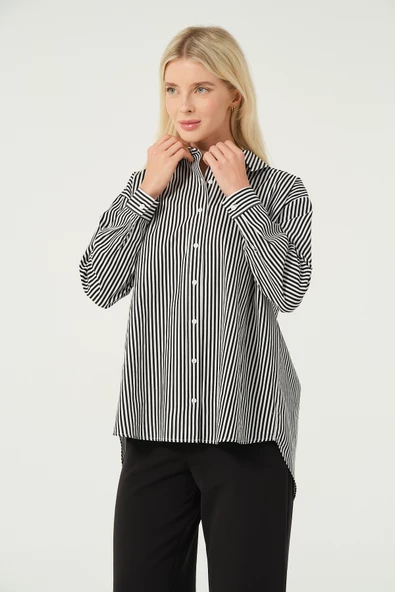 Basic Oversize Çizgili Gömlek - 12