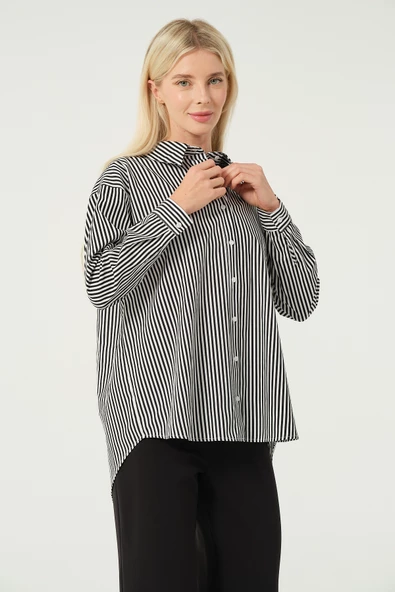 Basic Oversize Çizgili Gömlek - 11