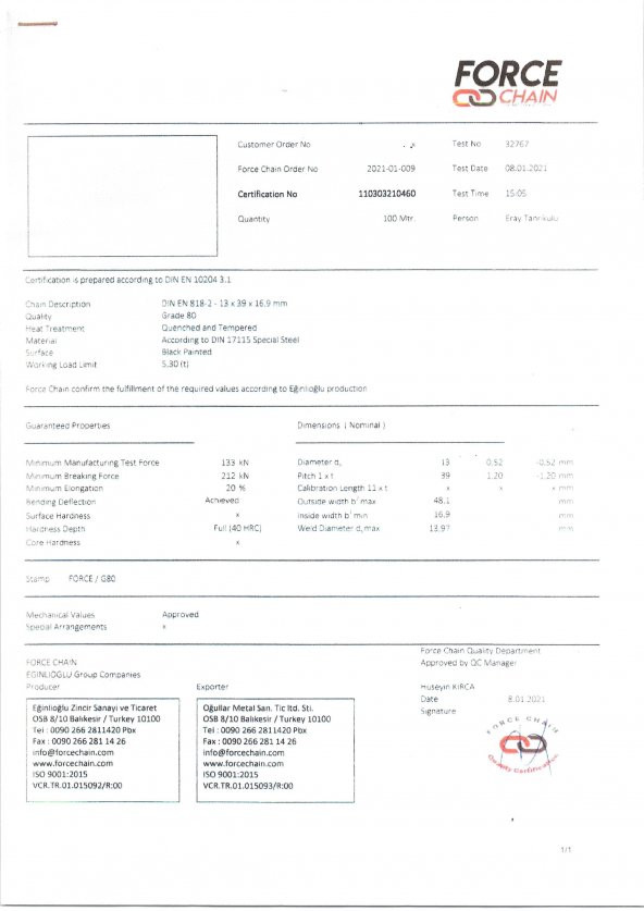 KESİLMEZ MOTORSİKLET VE YÜK ZİNCİRİ 13 MM GRADE G80  1 METRE - 3