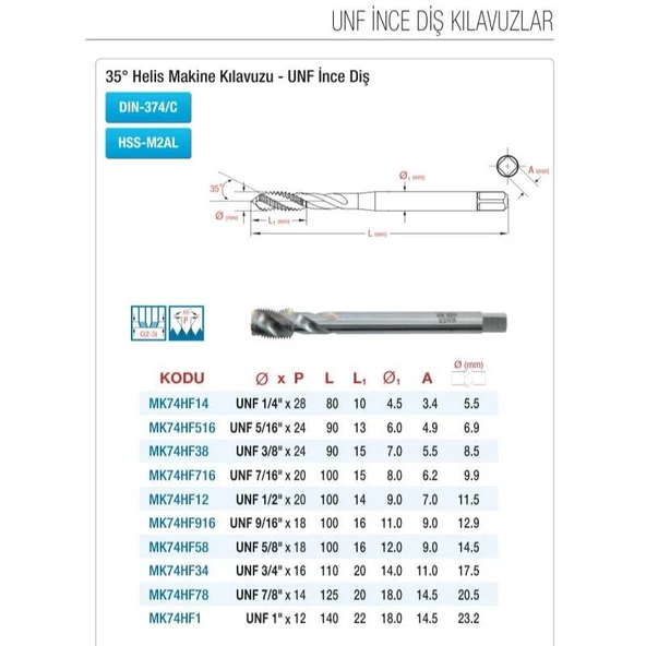 Maier UNF 1/2"x20 UNF İnce Diş Helis Makina Kılavuzu HSS-M2AL DIN-374/C MK74HF12 - 2