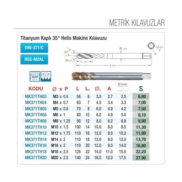 Maier M12x1,75 Helis Makina Kılavuzu HSS-M2AL Titanyum Kaplı Standart DIN-371/C MK371TH12 - 2