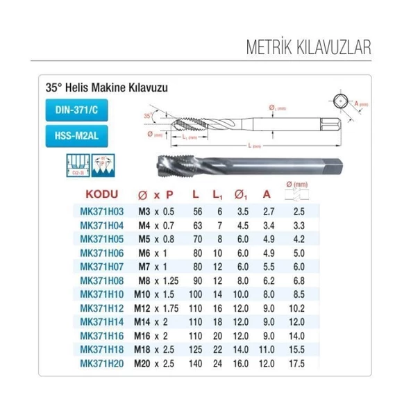 Maier M8x1,25 Helis Makina Kılavuzu HSS-M2AL Standart DIN-371/C MK371H08 - 2