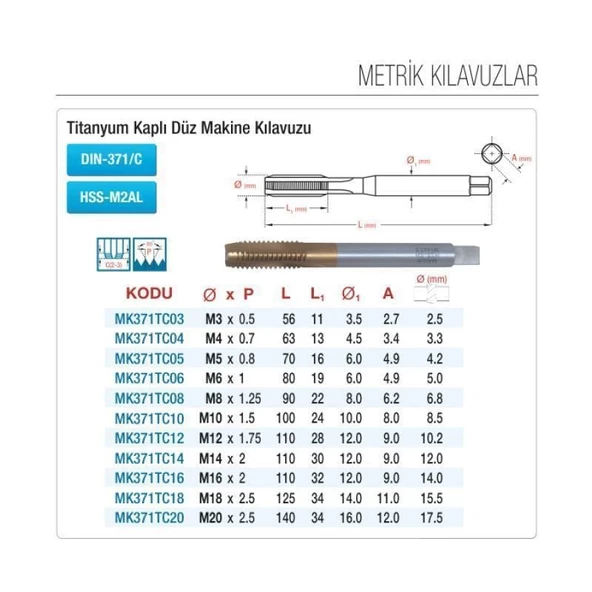 Maier M10x1,5 Düz Makina Kılavuzu HSS-M2AL  Titanyum Kaplı Standart DIN-371/C MK371TC10 - Resim 2