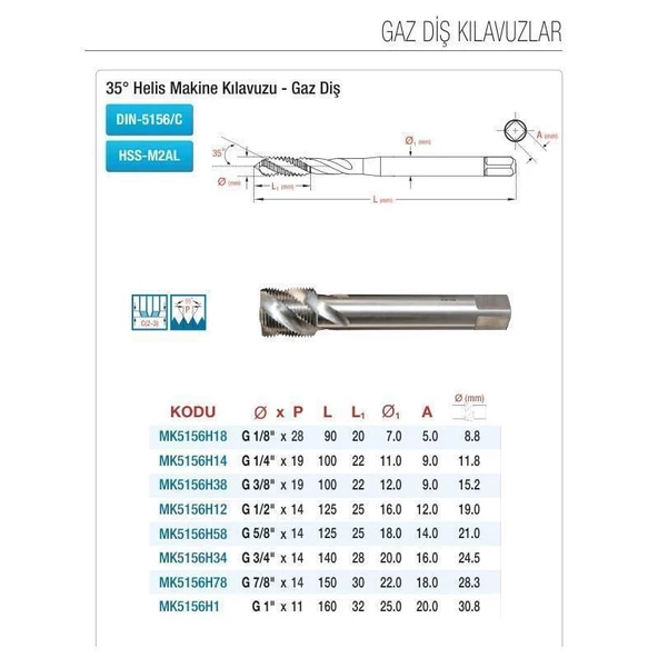 Maier G5/8"x14 Gaz Diş Helis Makina Kılavuzu HSS-M2AL DIN-5156/C MK5156H58 - Resim 2