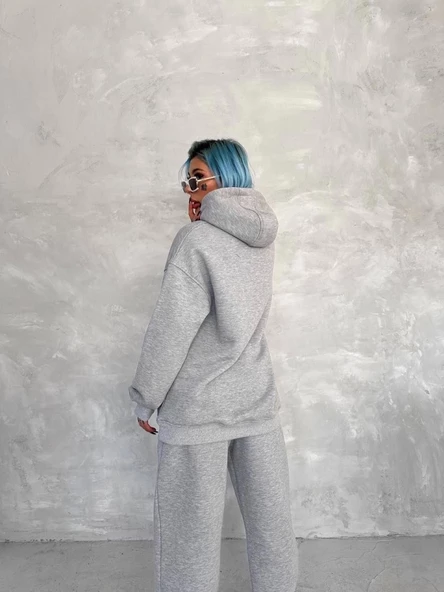 Üç İplik Kapşonlu Eşofman Takım - Gri - 2