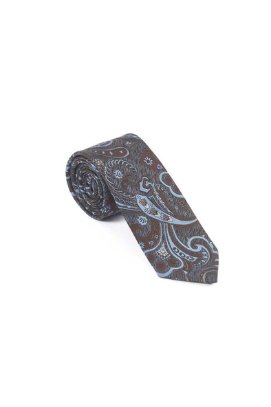 Brianze Kahverengi Mavi Şal Motif Desen Kravat Mendil Set - Resim 2