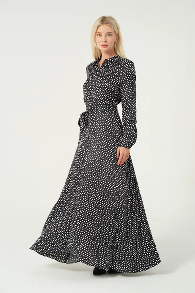 Puantiyeli Asimetrik Etek Düğmeli Elbise - 4