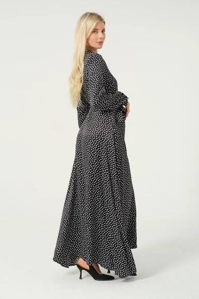 Puantiyeli Asimetrik Etek Düğmeli Elbise - 2