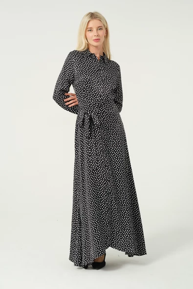 Puantiyeli Asimetrik Etek Düğmeli Elbise - 5