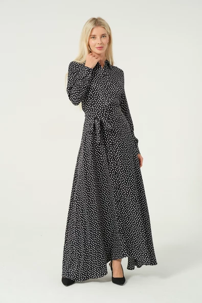 Puantiyeli Asimetrik Etek Düğmeli Elbise - 6