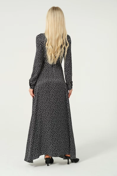 Puantiyeli Asimetrik Etek Düğmeli Elbise - 3