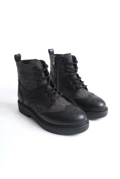 Pivol Siyah Ekoseli Oxford Bağcıklı Fermuarlı Günlük Kadın Bot - 2