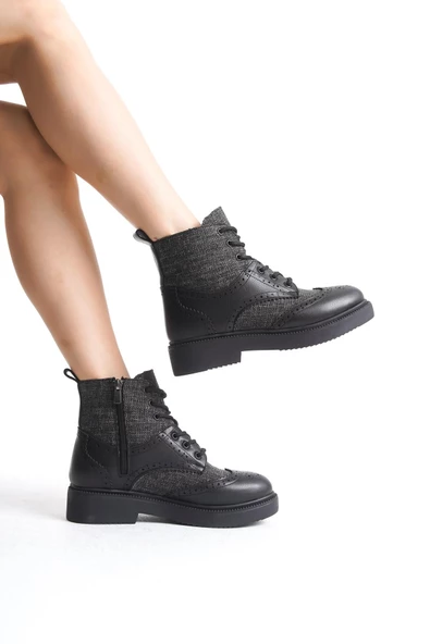 Pivol Siyah Ekoseli Oxford Bağcıklı Fermuarlı Günlük Kadın Bot