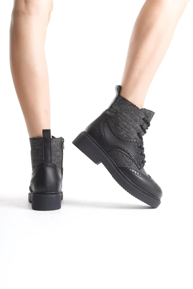 Pivol Siyah Ekoseli Oxford Bağcıklı Fermuarlı Günlük Kadın Bot - 3