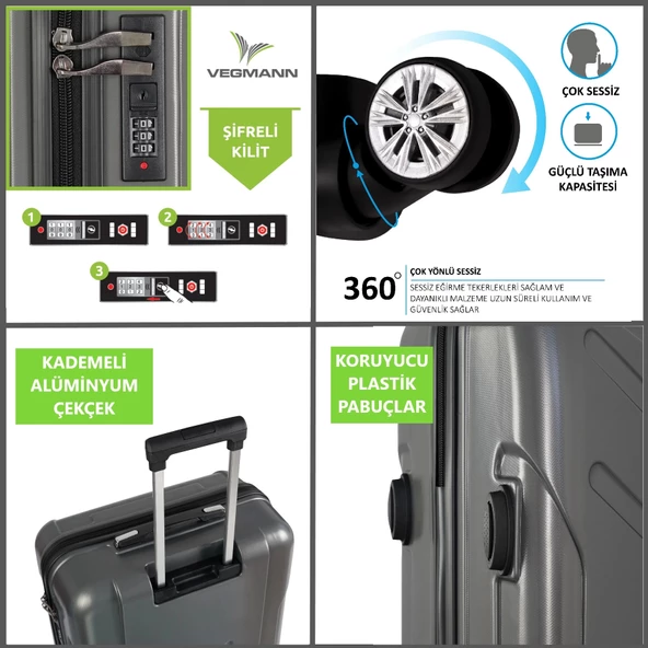 Vegmann Vela Antrasit 2'li Valiz Seti Orta Boy ,Kabin Boy - Resim 6