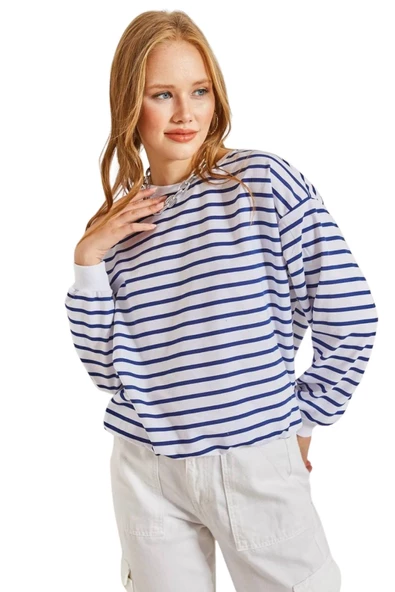 Brk Kadın Uzun Kol Çizgili Overize Basic Sweat 1604 - Resim 3